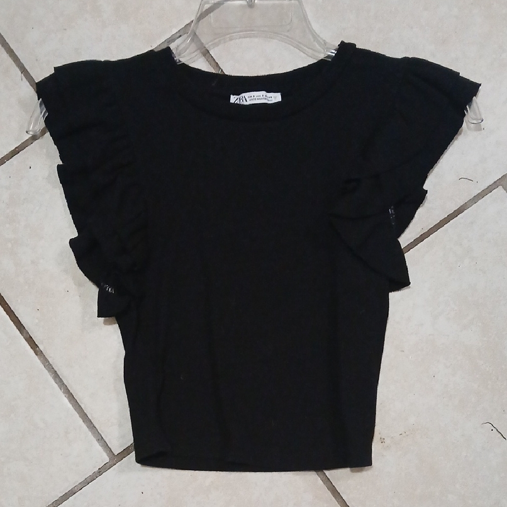 Zara Womens Sz S Black Sleeveless Knit Ruffled Top